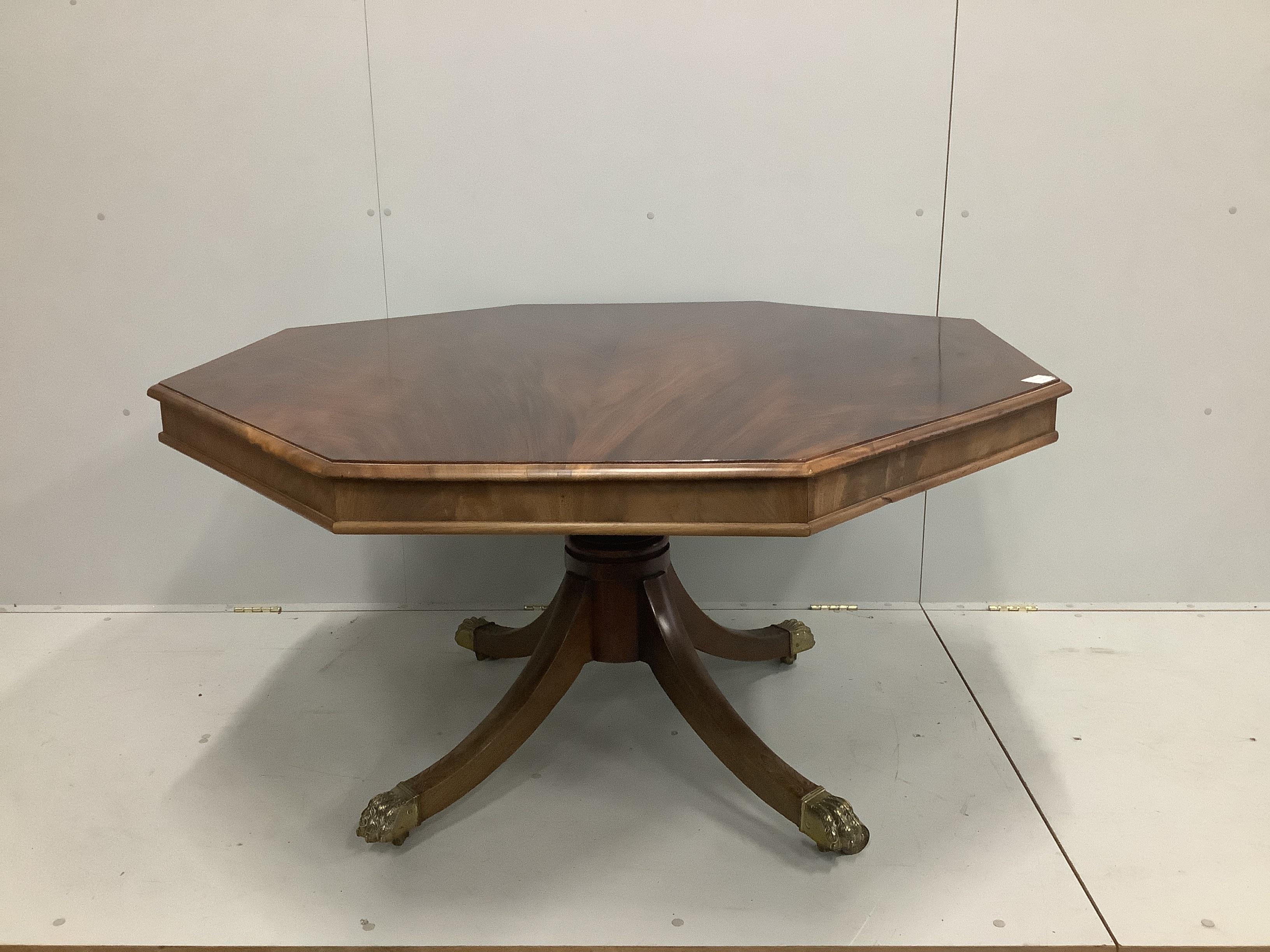 A Regency mahogany octagonal tilt top breakfast table, width 128cm, height 72cm
